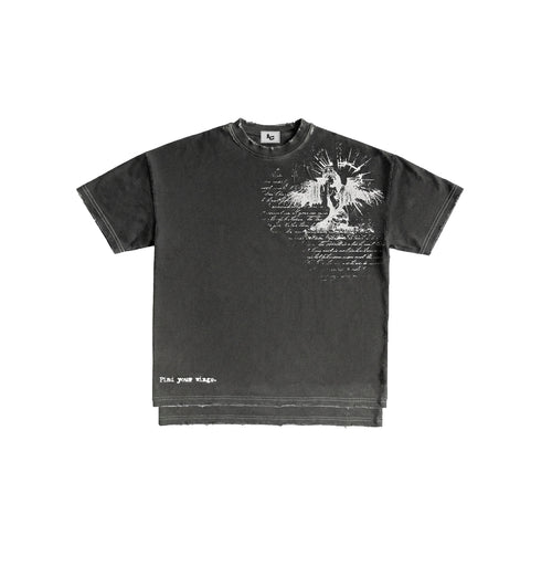 Lux Chiq black t-shirt with white angel graphic and script, luxury streetwear style