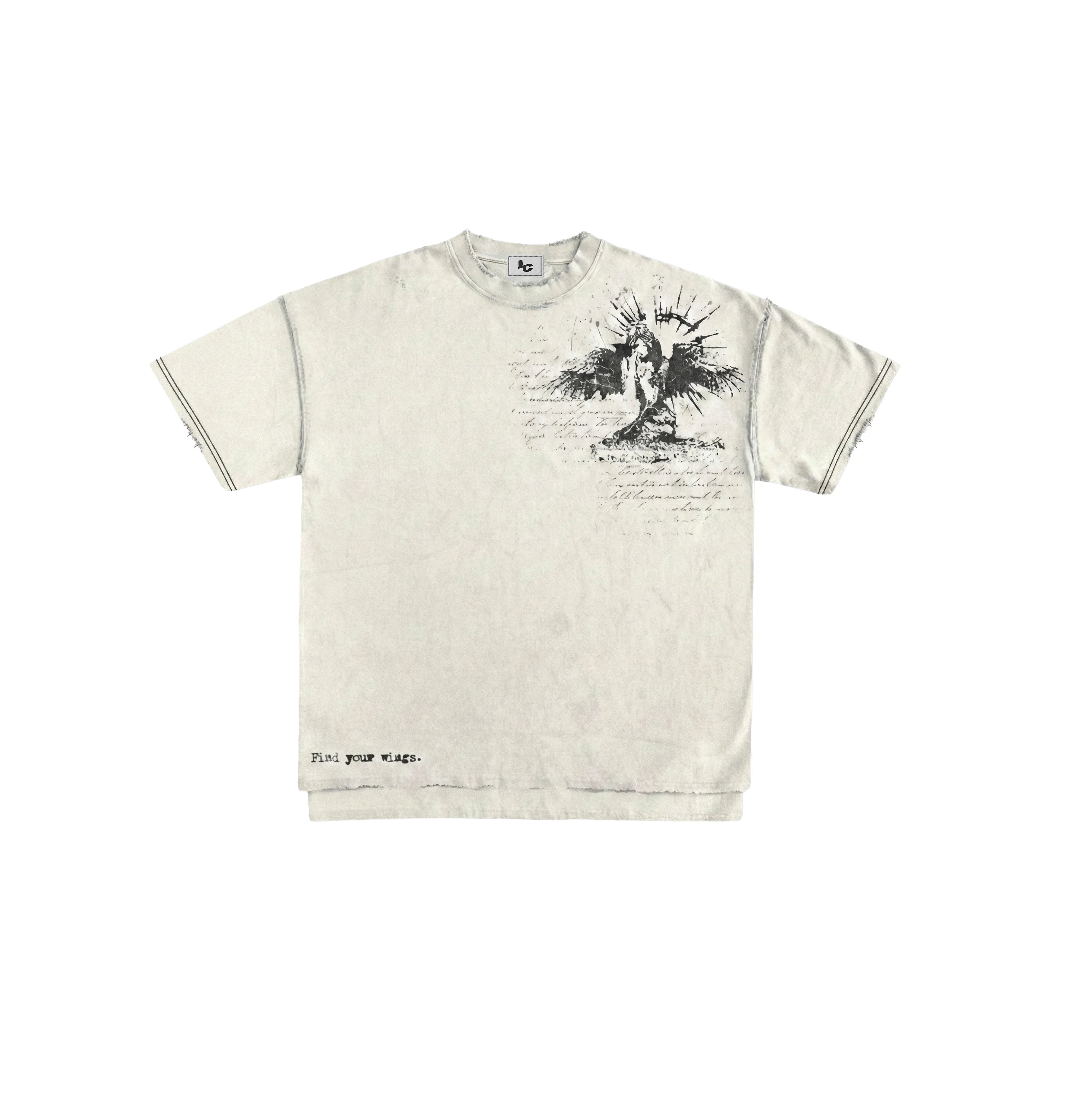 Lux Chiq beige graphic tee with angel illustration and 'Find your wings' text on front